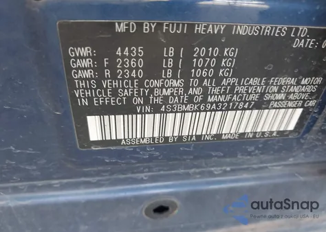 2010 Subaru Legacy 2.5I Limited z USA, uszkodzony, nr VIN 4S3BMBK69A3217847